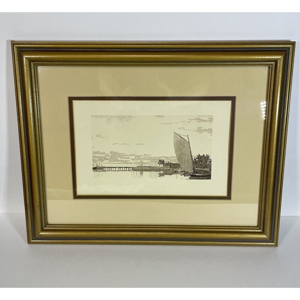vintage etching G Mercer style unsigned framed high quailty Harbor Nautical